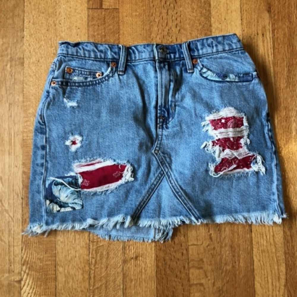 ❄Denim Mini Skirt with Colorful Patches